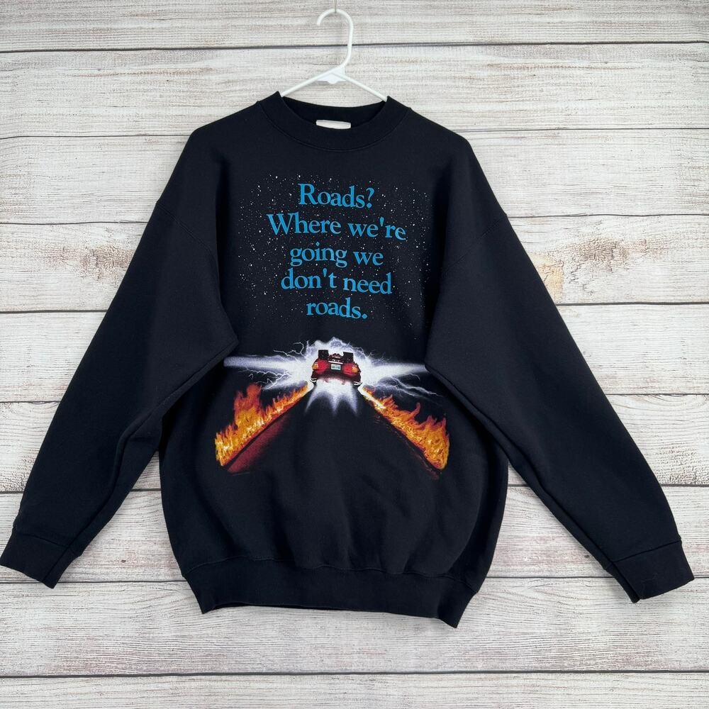 Vintage 90's Back to the Future Roads? Crewneck Sweatshirt Adult L Black